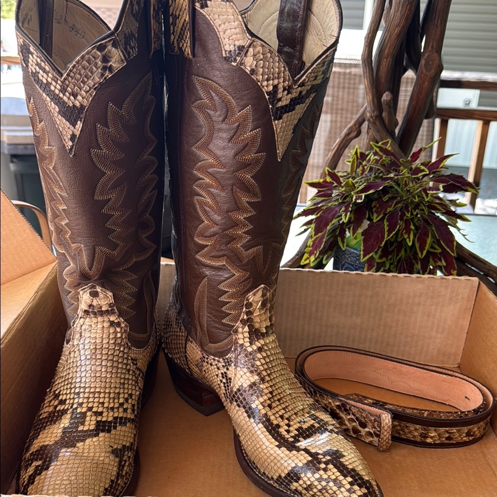 Bona Allen Snakeskin and Brown Cowboy Boots matching Belt